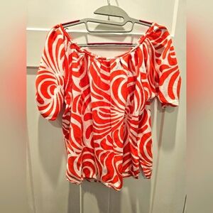 Escapada Women’s Small Off-Shoulder Blouse Red White Swirl Print Resort Top